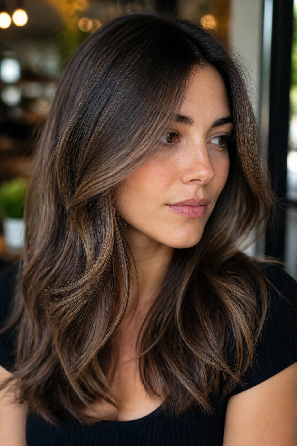 Brunette hair with mink lowlights giving a plush, dimensional look under soft daylight