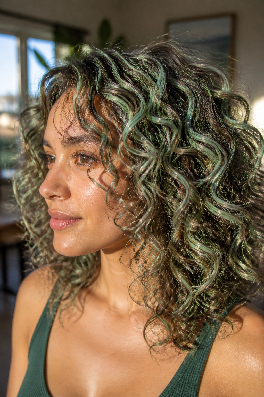 Close-up of curls with mint color and micro foils