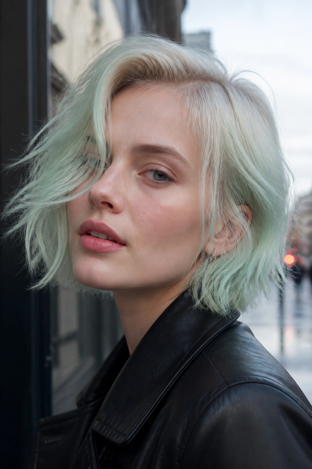 Mint Frost Blonde with mint front pieces on a real person in outdoor light