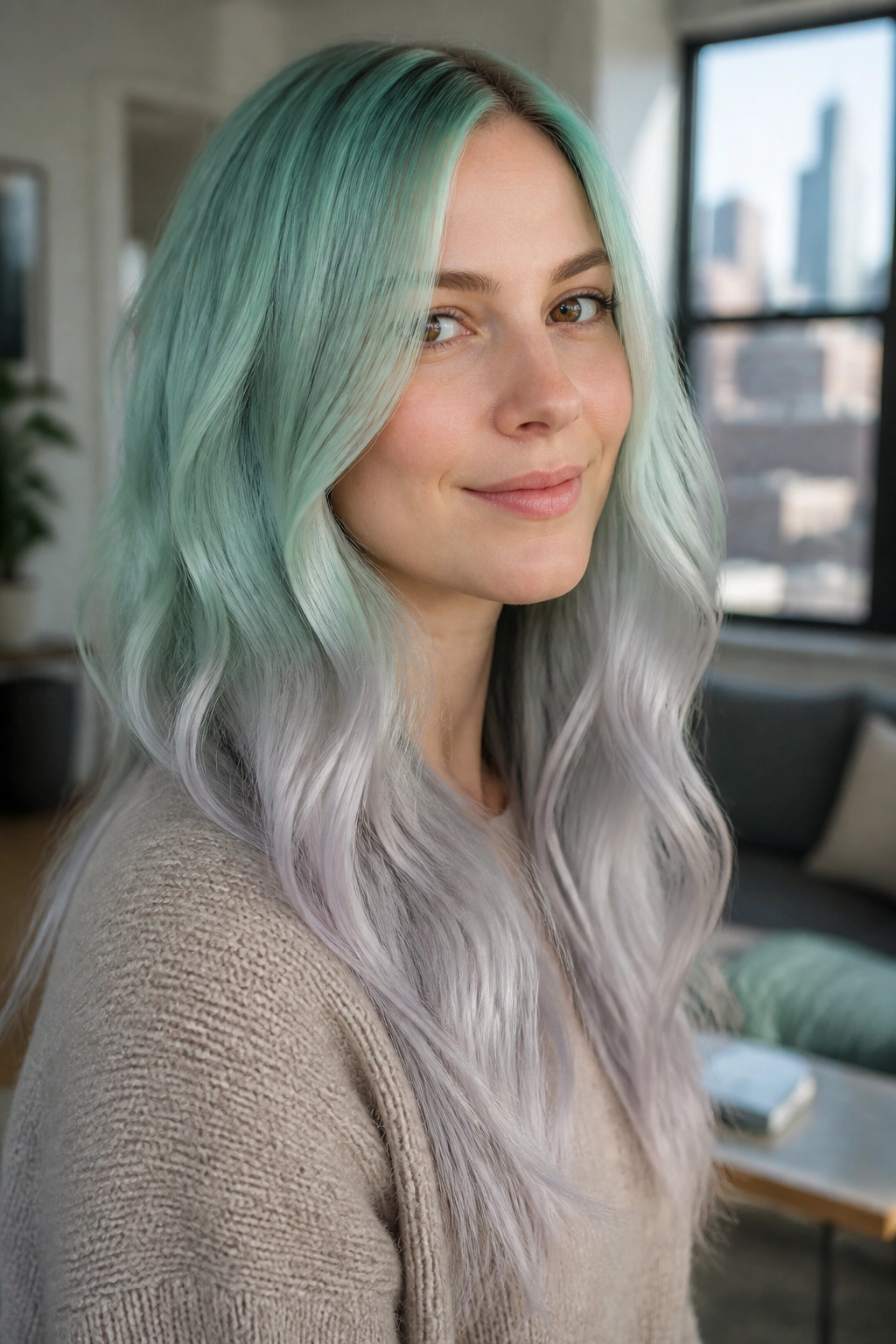 Close-up of a real person with mint frost hair fading to silver ends