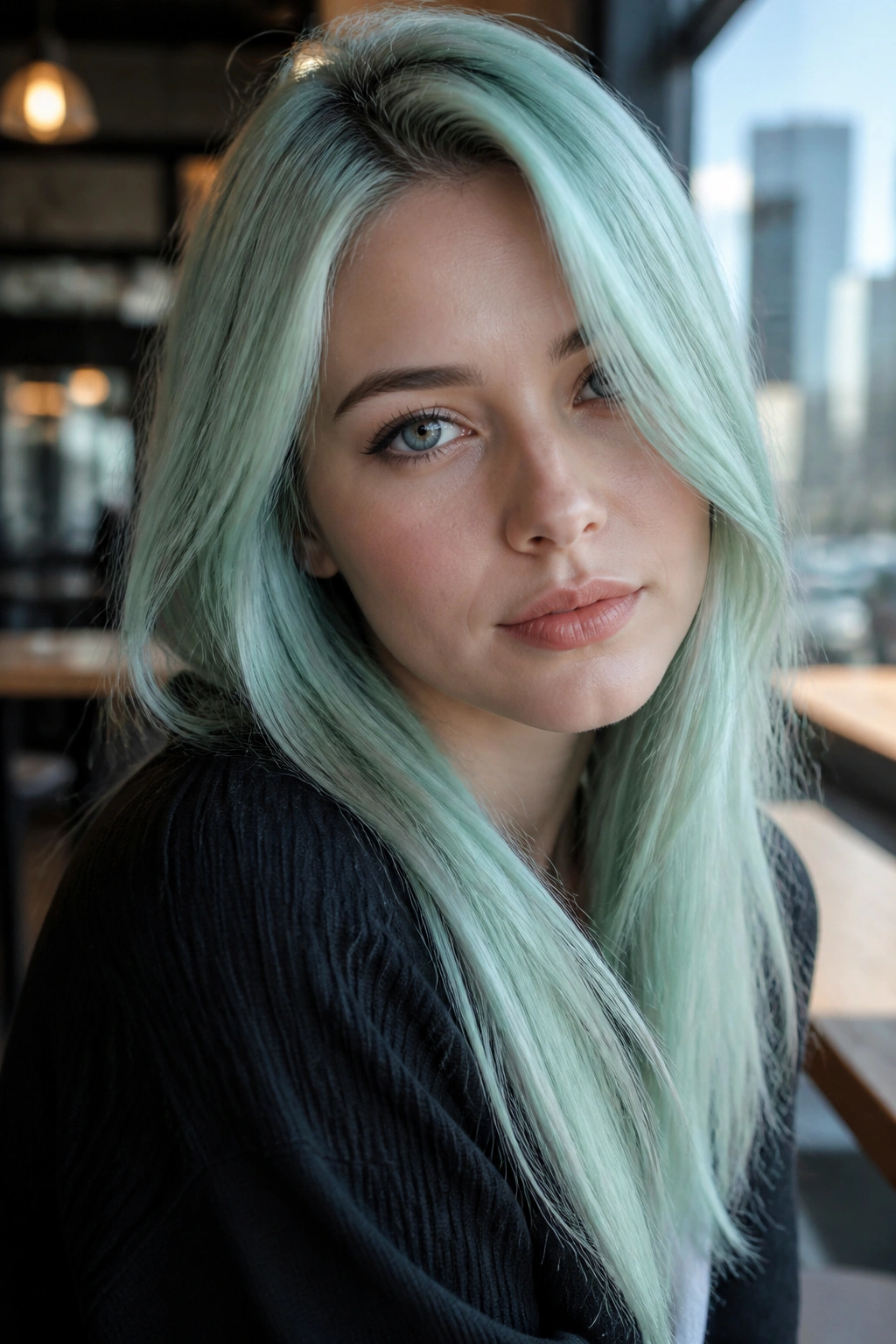 Close-up portrait of a real woman with mint ice hair in a cool setting.