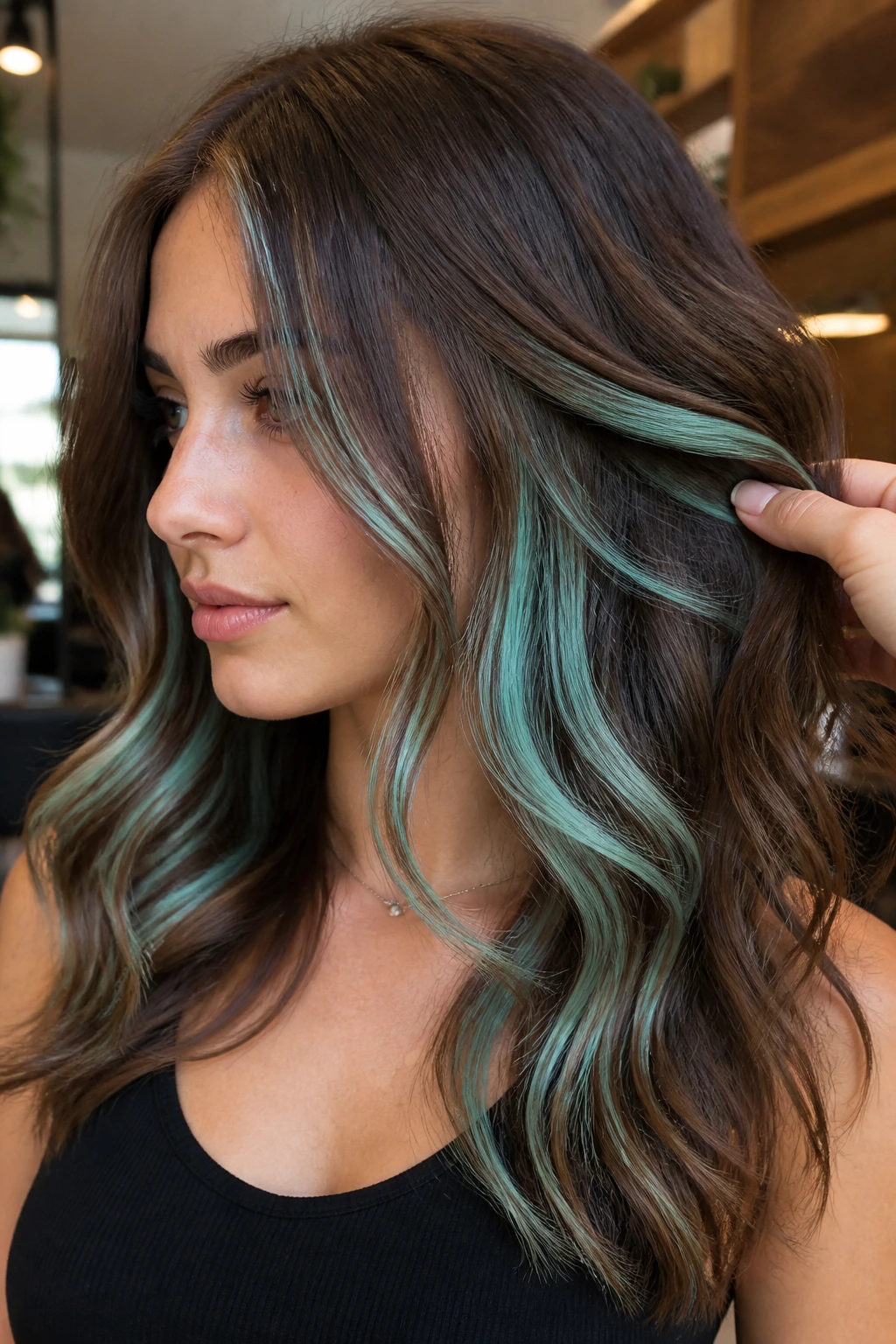 Brown hair with mint peekaboo panels hidden under crown