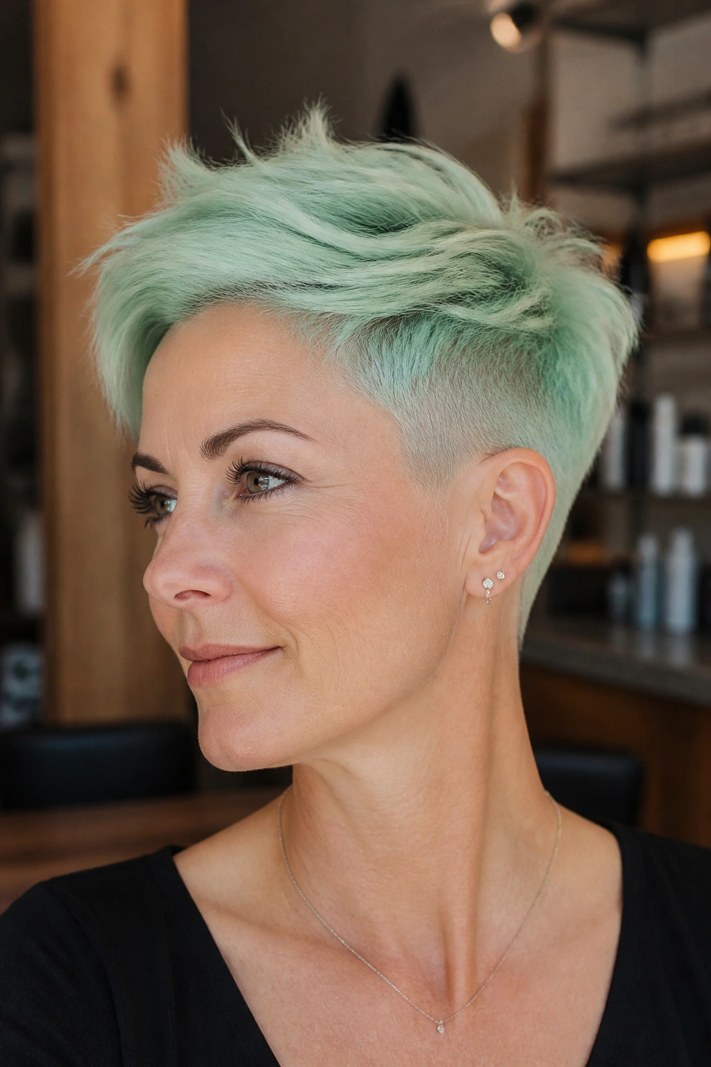 Real woman with mint tapered undercut pixie hairstyle in salon