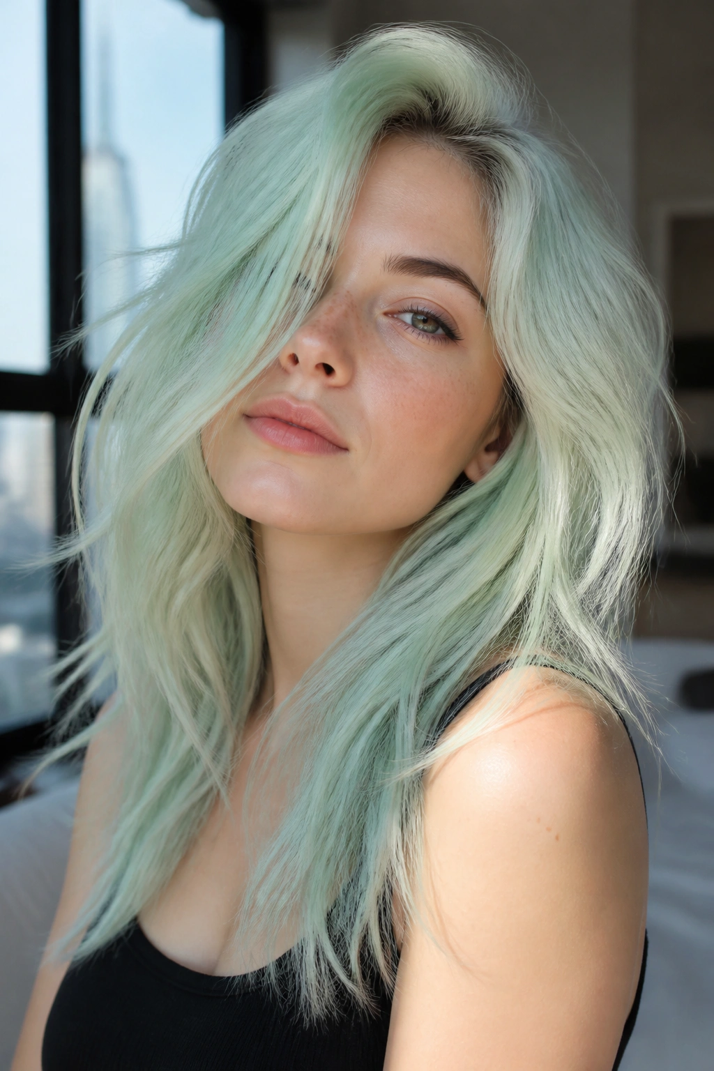 Portrait of a real person with mint smoke hair in cool window light