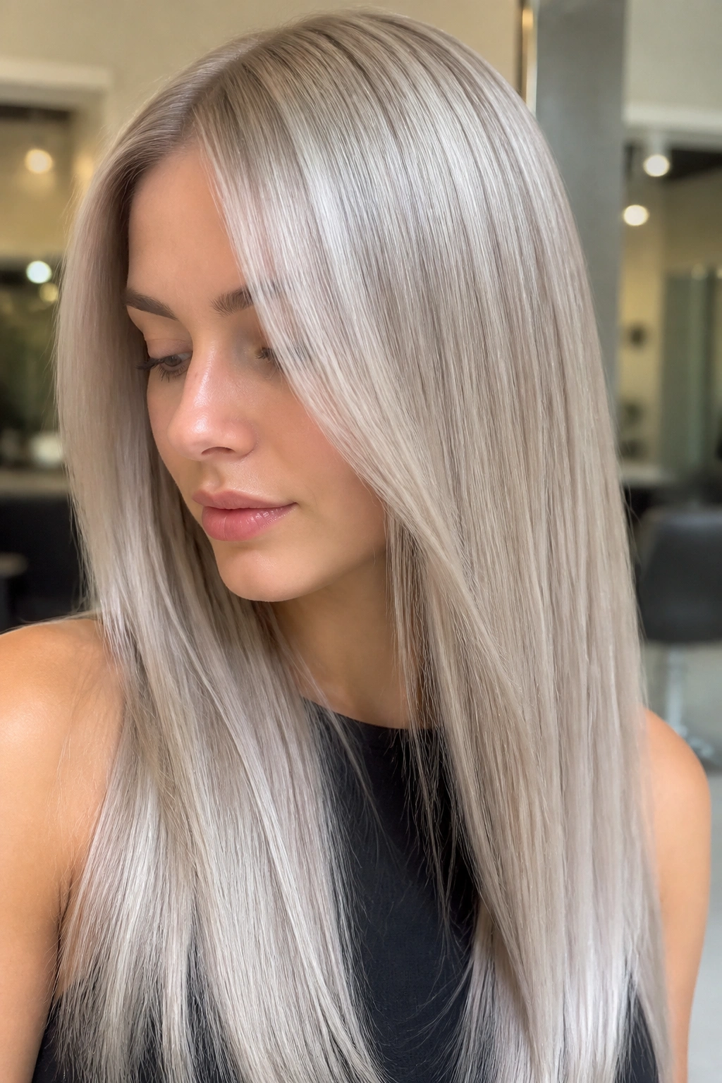 Close-up portrait of a real person with mirror chrome blonde hair