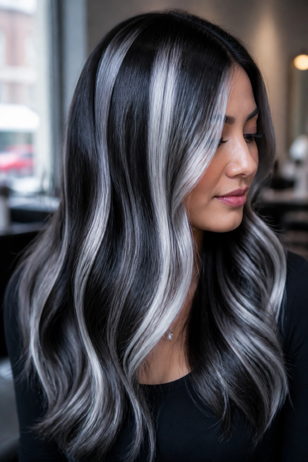 Close-up of a real woman with black hair featuring icy silver mirror-panel balayage with broad panels