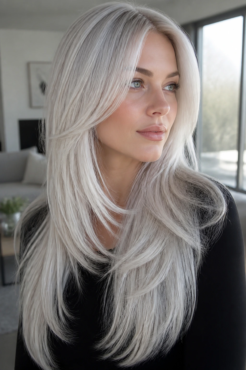 Close-up portrait of a real person displaying mirror platinum long layers.