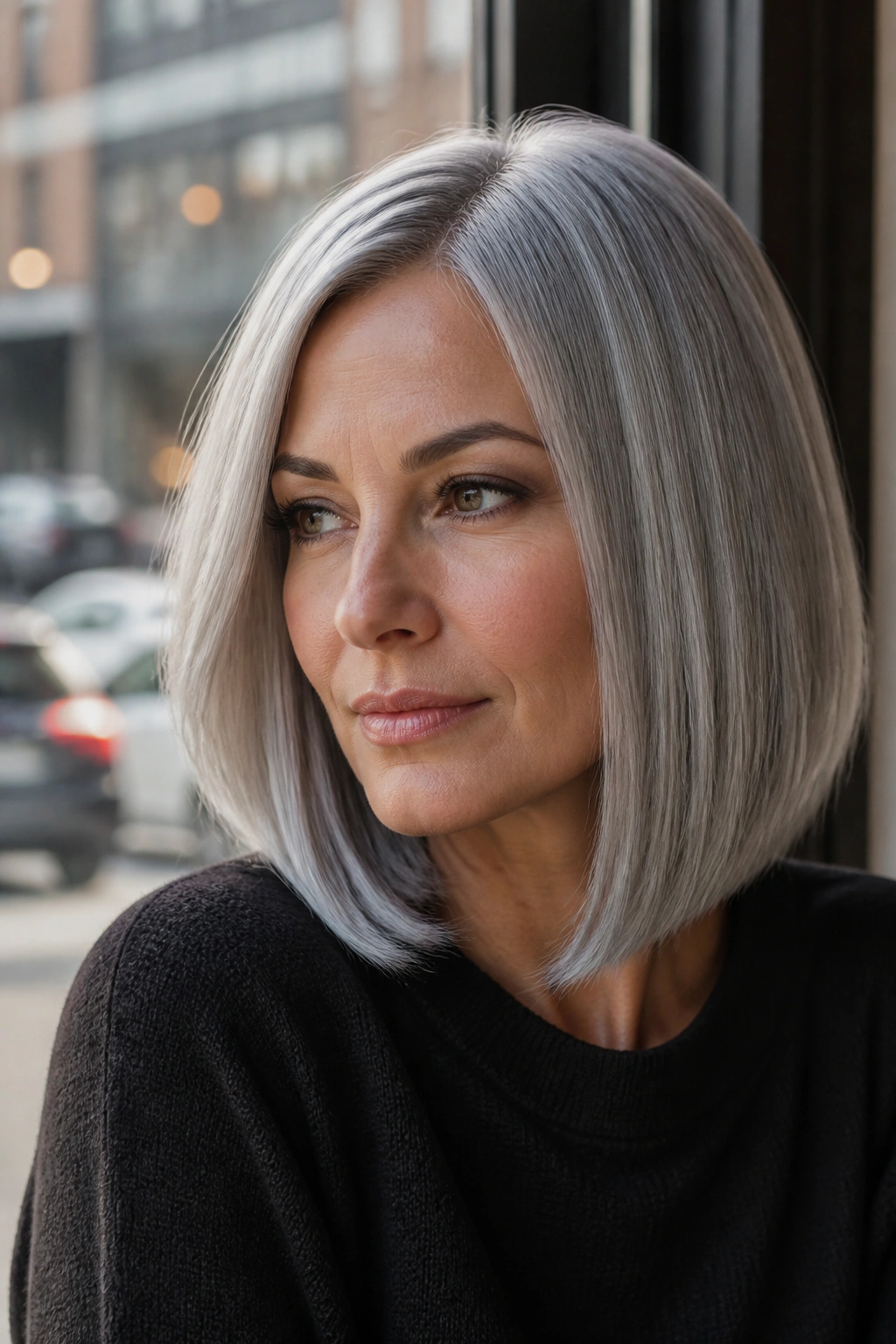 Close-up of a real person with a mirror-sheen silver lob.