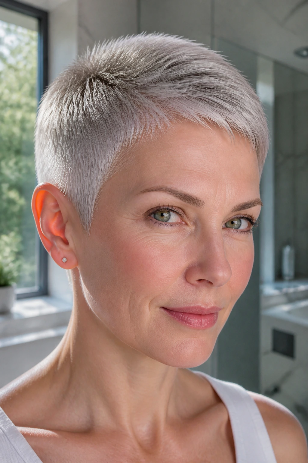 Close-up portrait of a real person with a mirror silver crop hairstyle on cool skin.