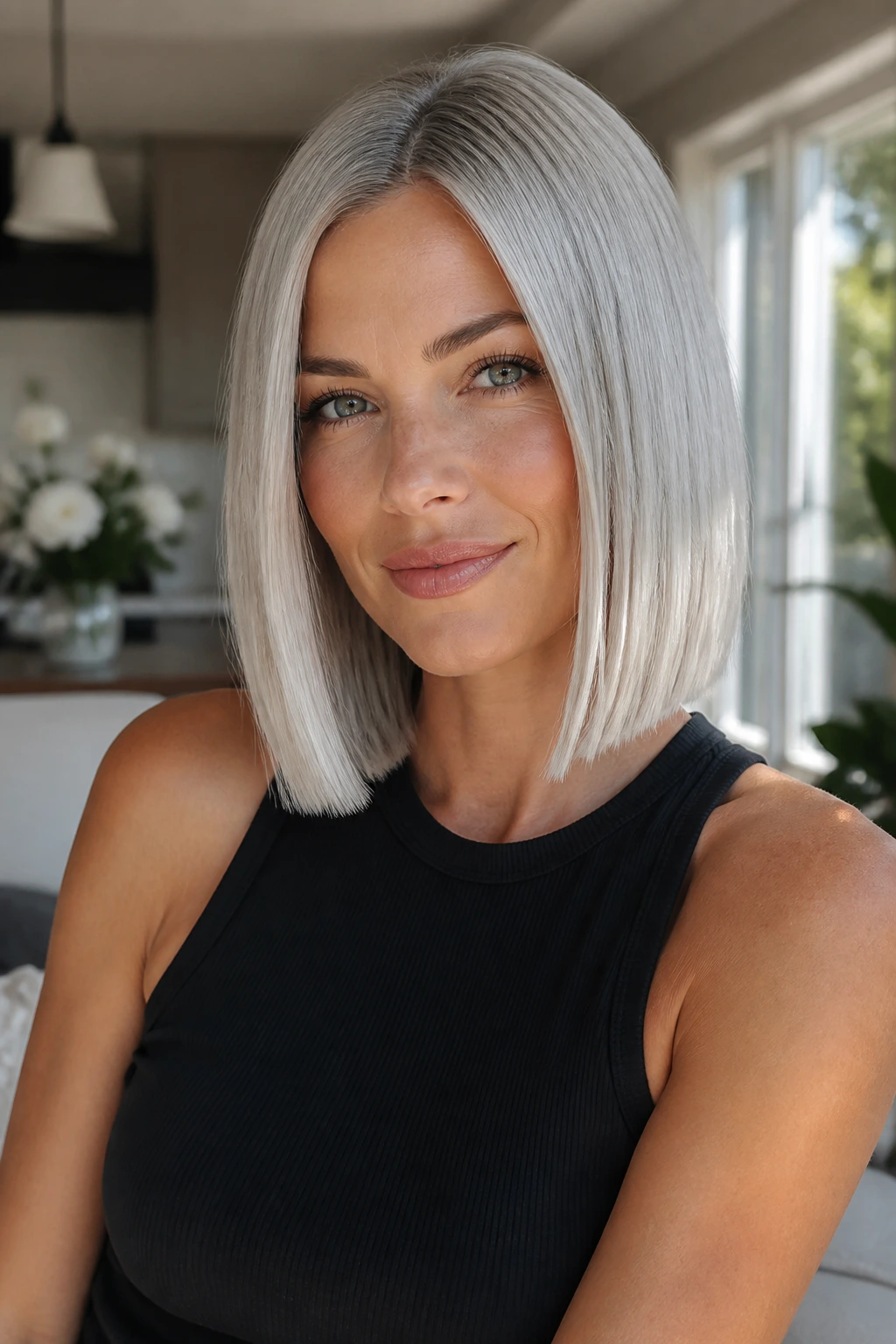Close-up of a real person with a blunt mirror silver lob and clean ends