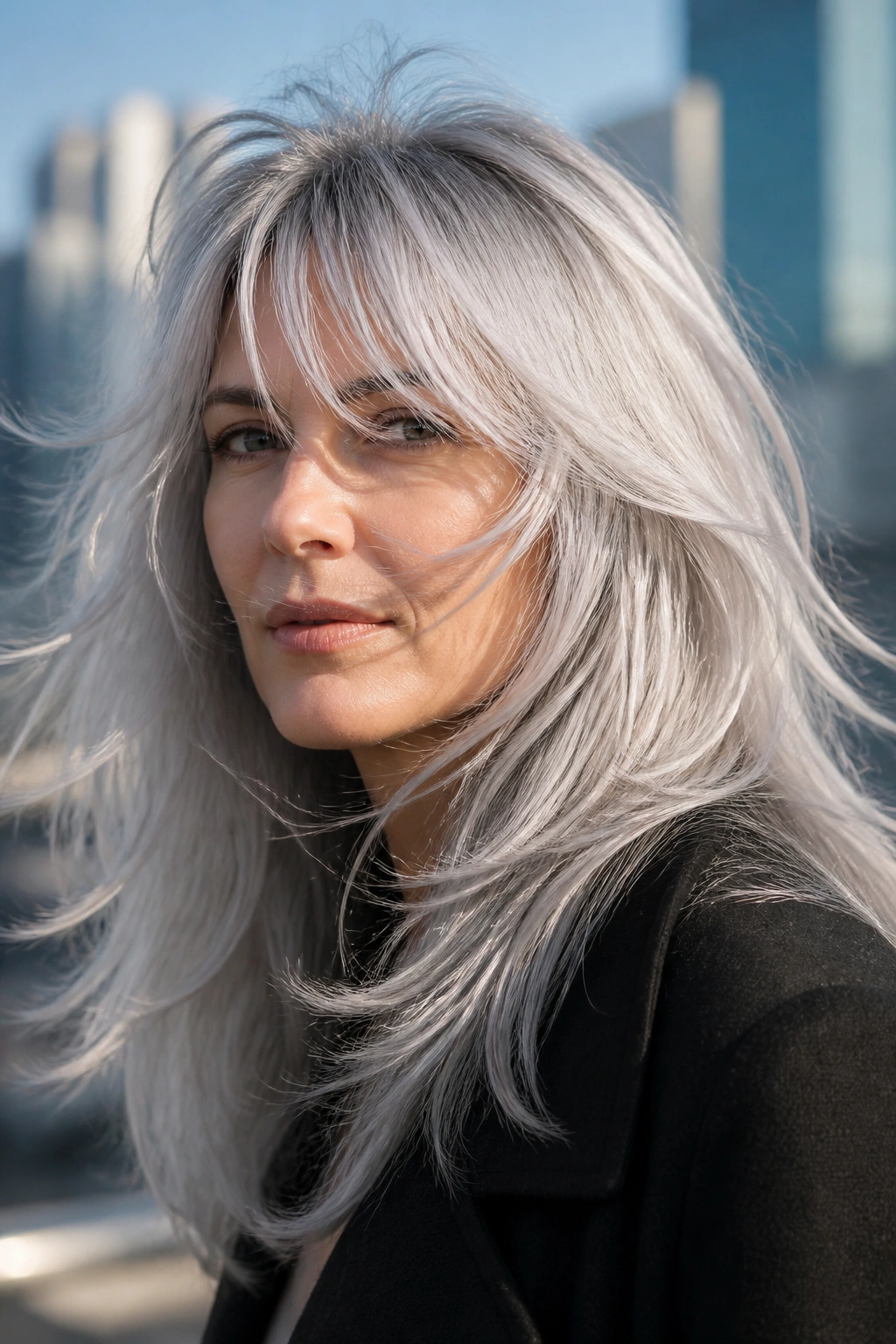 Portrait of a real person with a mirror silver shag hairstyle