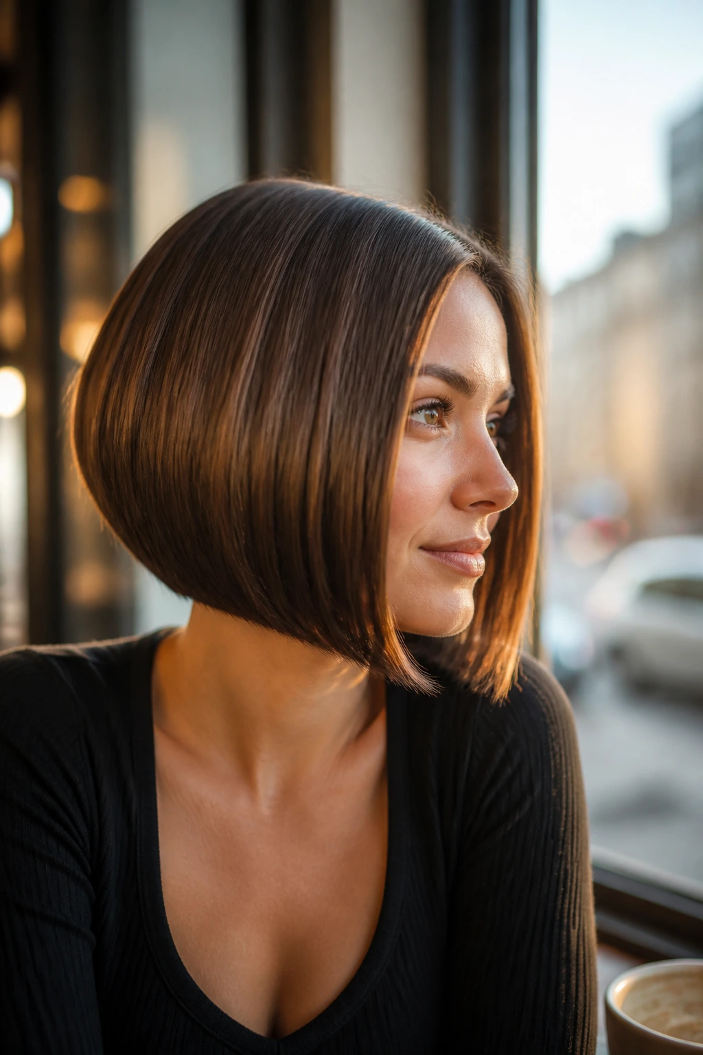 Close-up of real woman with mirror-smooth stacked bob and polished finish, golden hour light.