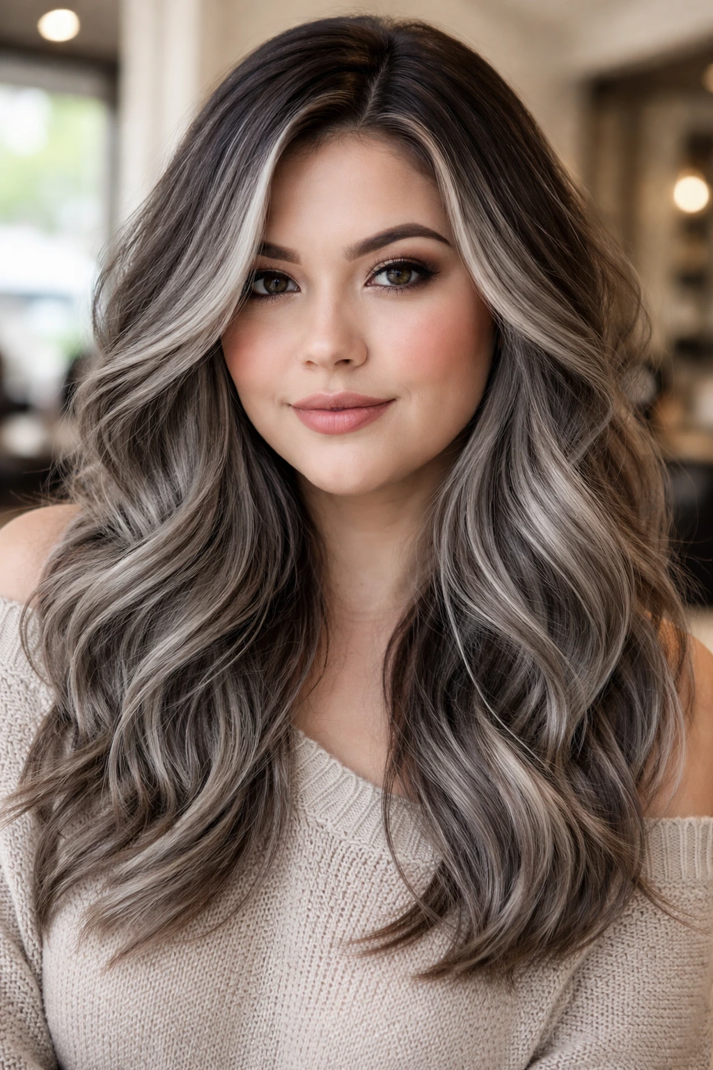 Real person with misty grey highlights and shadow roots
