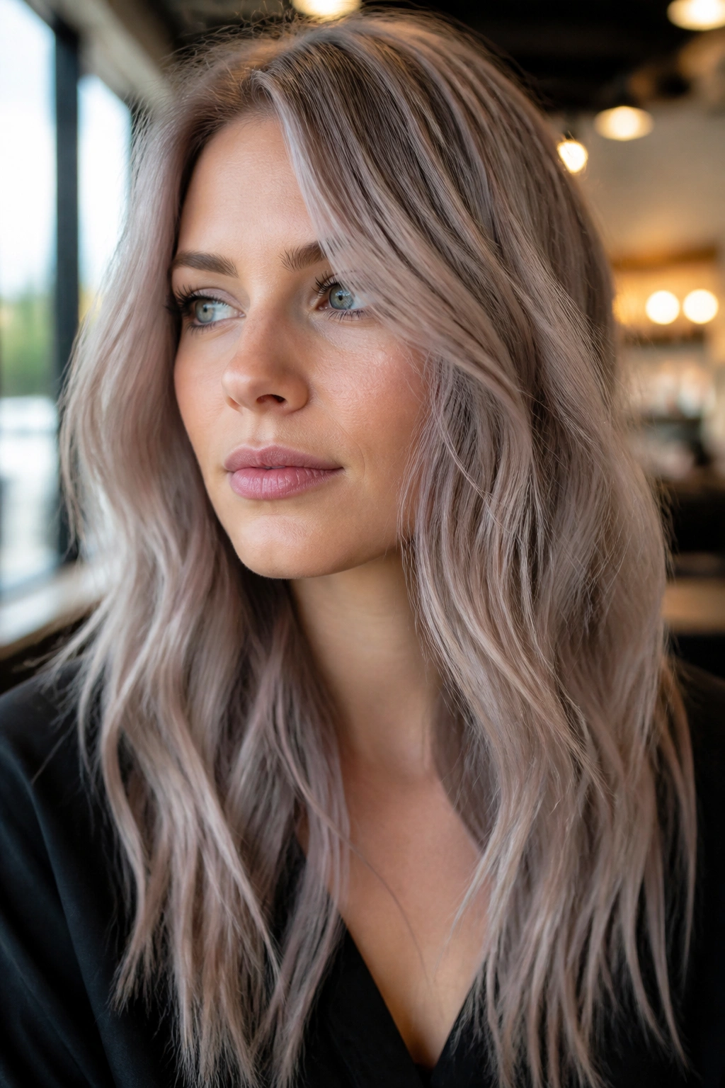 Close-up portrait of a real woman with Misty Mushroom Blonde taupe hair framing her face