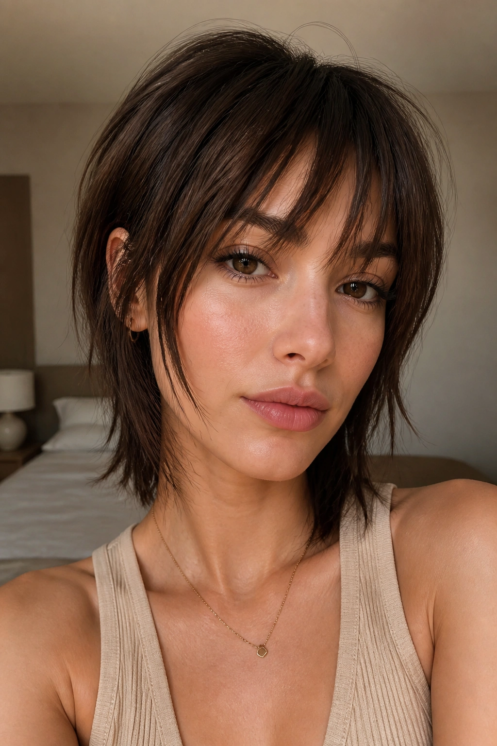 Close-up portrait of a real woman with mixed-length piecey bangs.