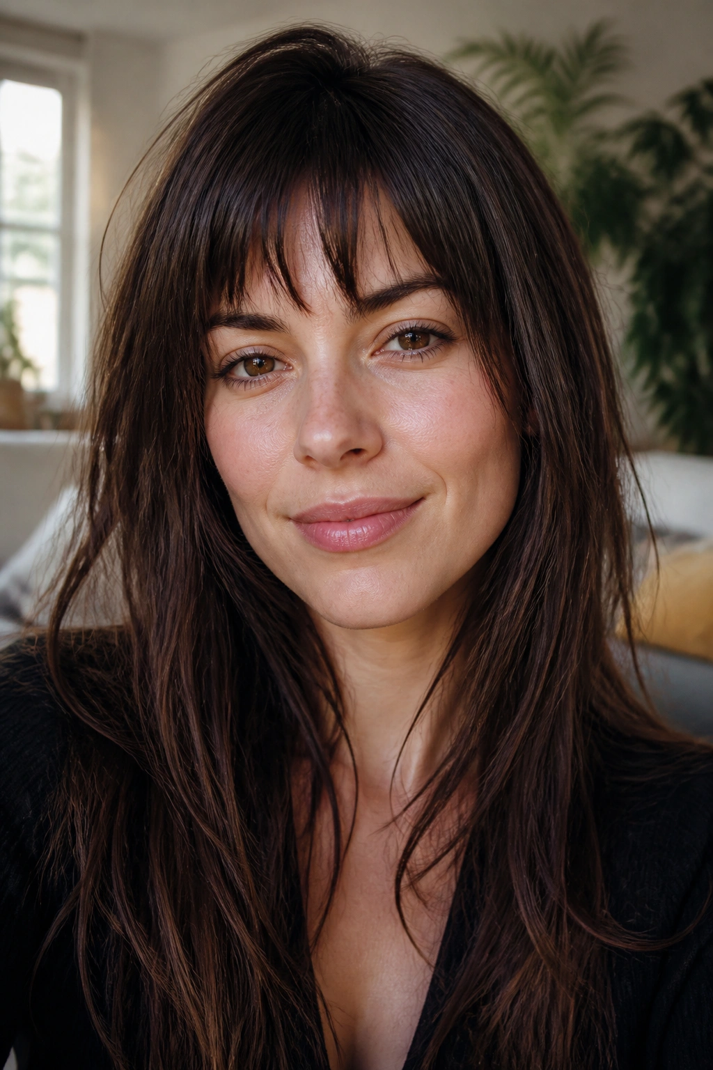 Close-up of a real woman with mixed-length, textured bangs