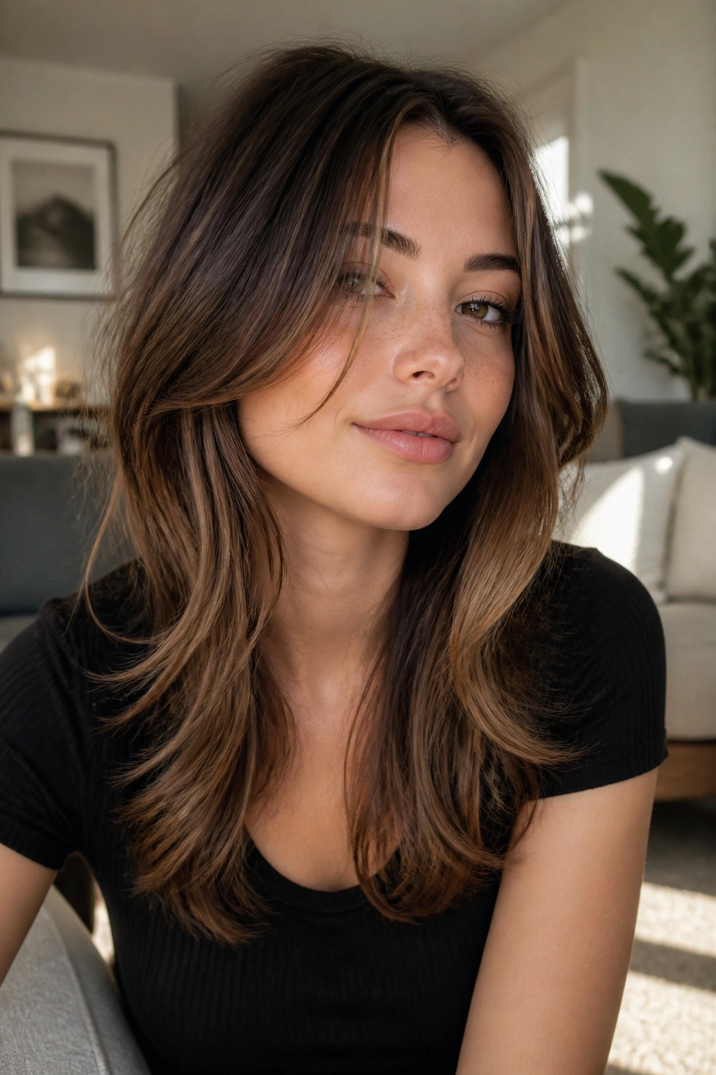 Close-up portrait with multiple front layers framing the face to soften a wide jaw