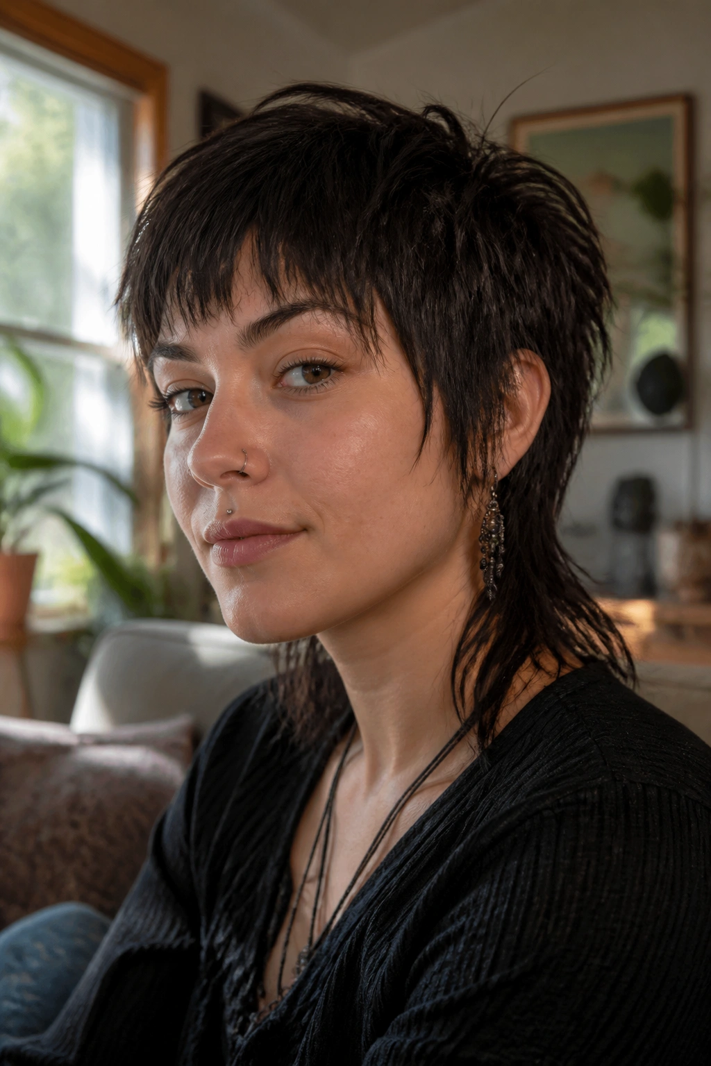 Close-up portrait of a real person with a mixie haircut featuring a short crown and longer back, choppy fringe