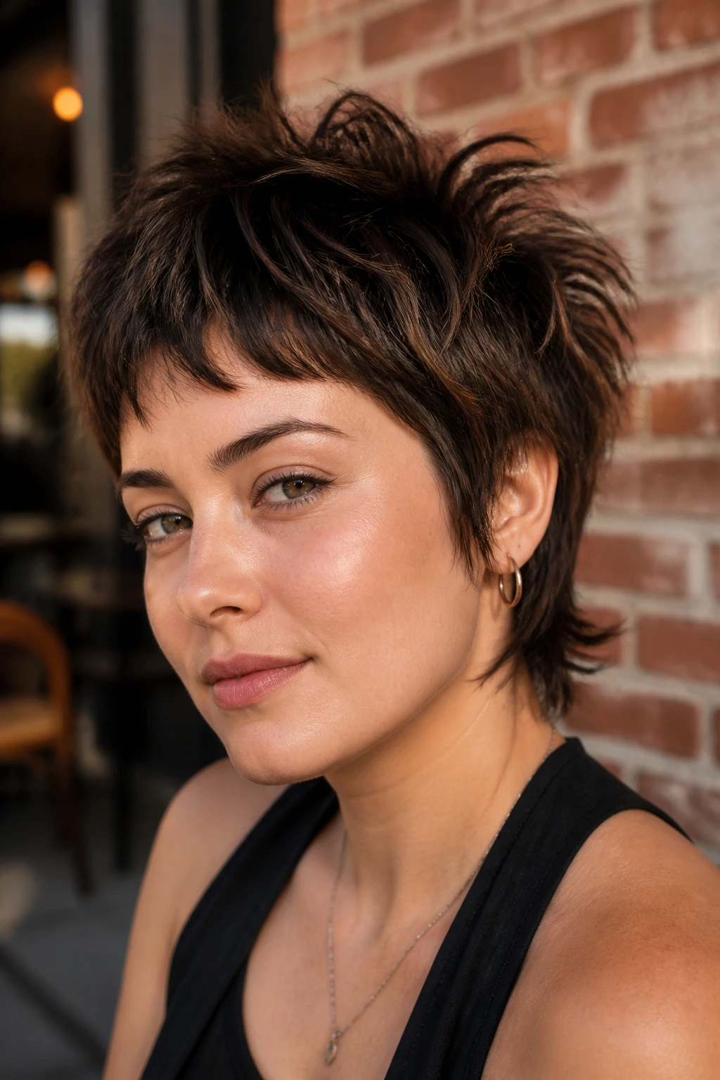 Close-up of a real woman with Mixie With Piecey Crown Layers haircut