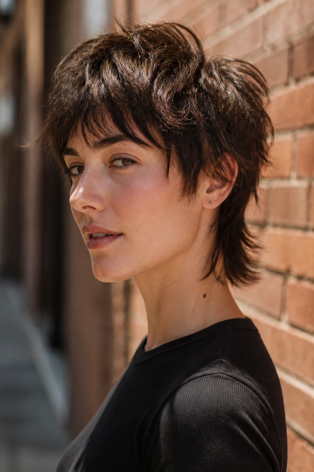 Portrait of a person with a mixie cut featuring short choppy layers.