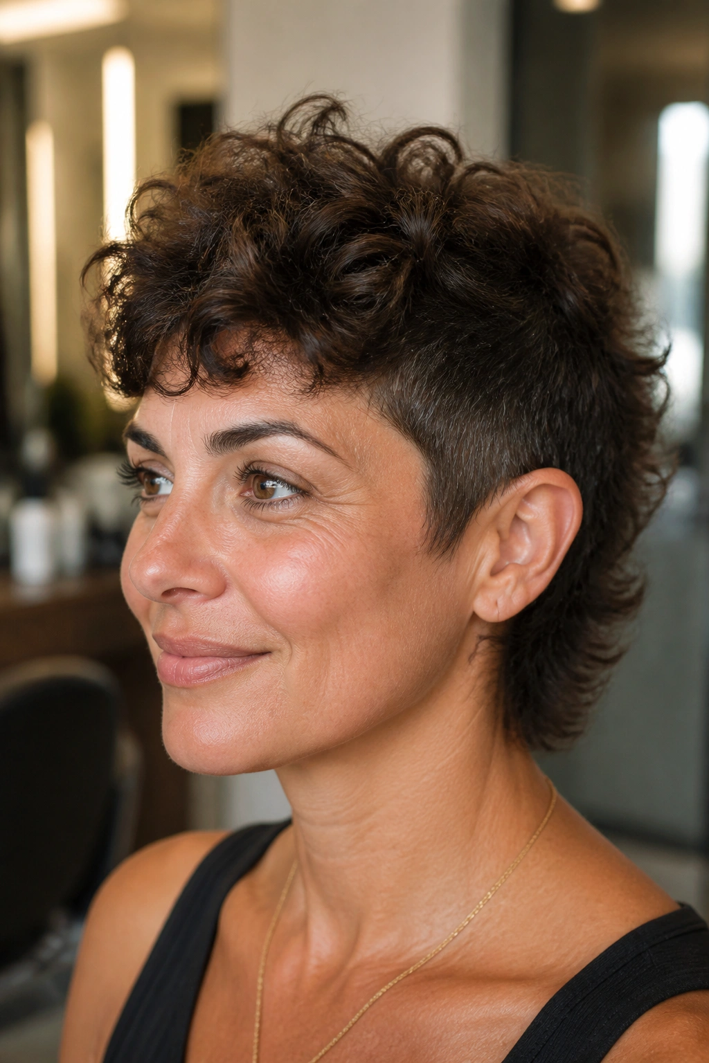 Close-up of a real woman with Mixie Cut with Soft Edges featuring short sides and airy back