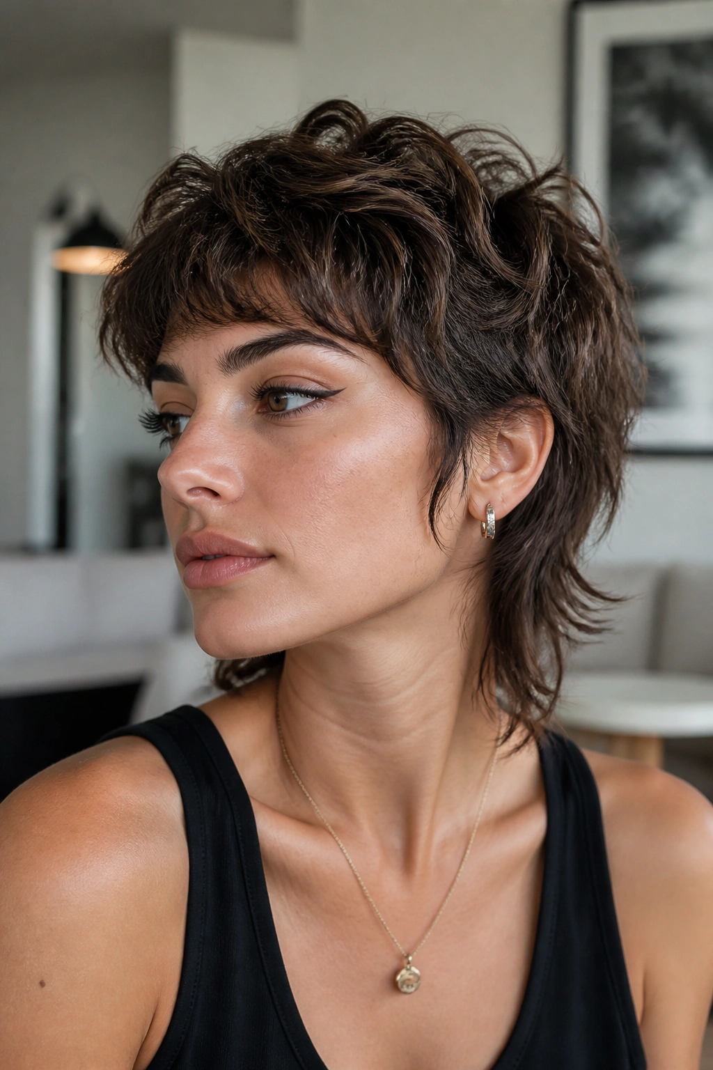 Close-up of a real woman with a mixie cut featuring a short top and tapered sides