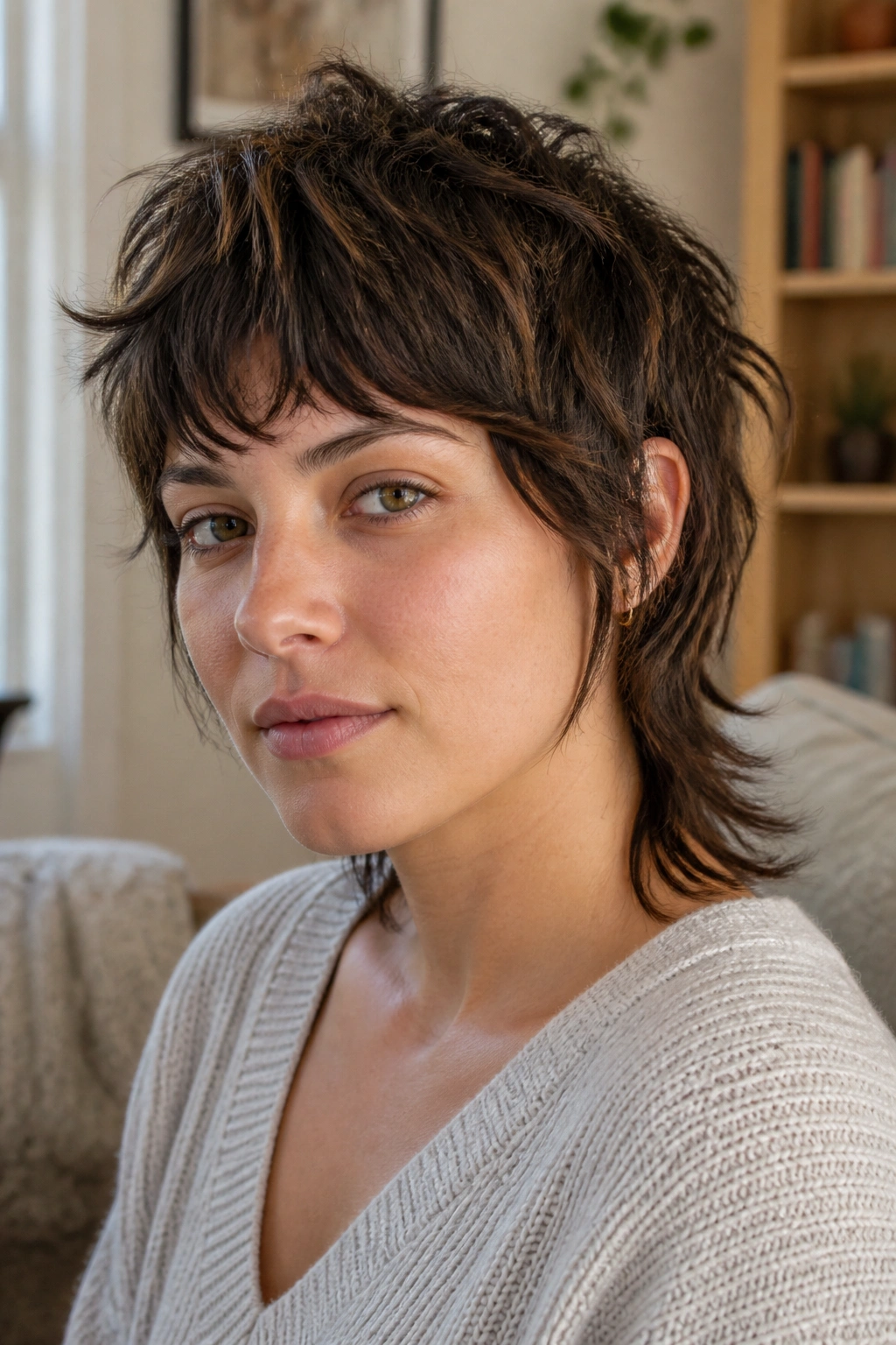 Close-up of a real woman with The Mixie With Soft Edges hairstyle featuring textured top and soft sides.