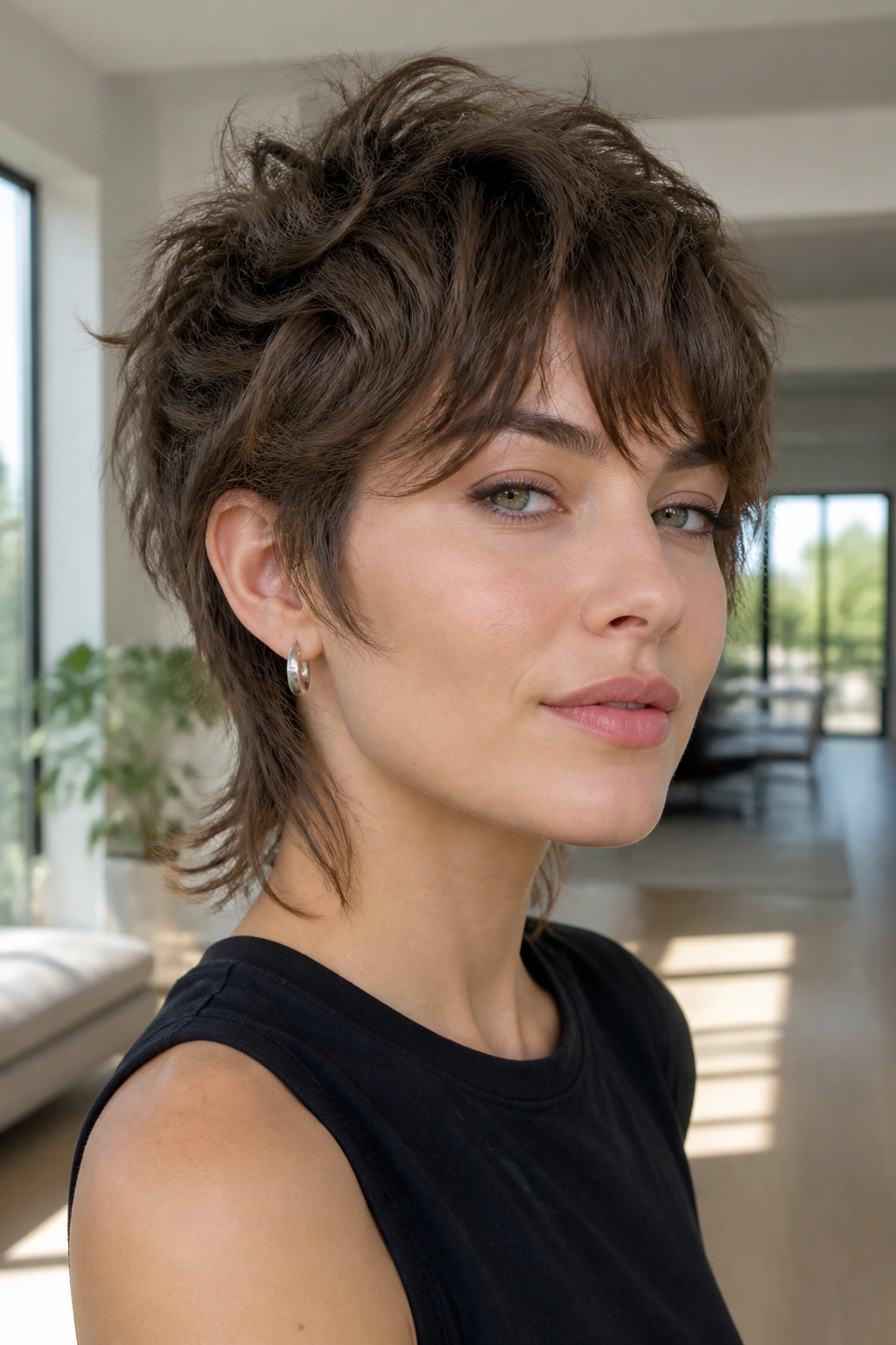 Portrait of a person with mixie shag showing lift and textured crown