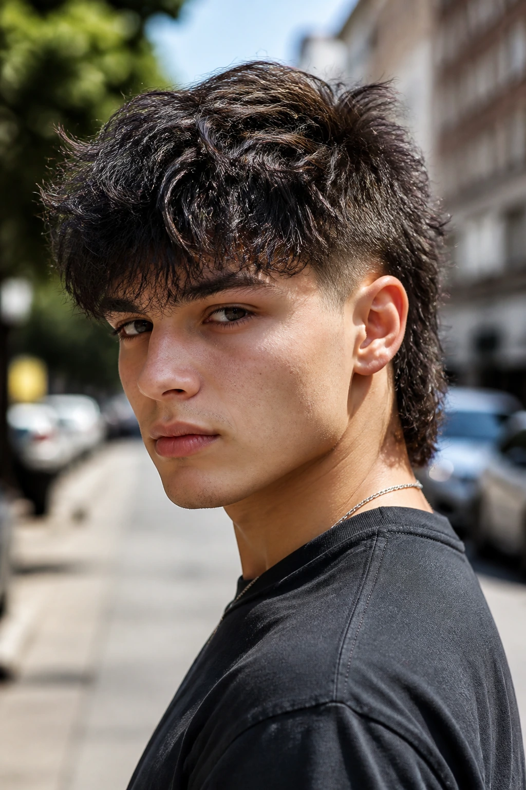 Portrait of a real person with a mixie haircut (short sides, longer top and back).