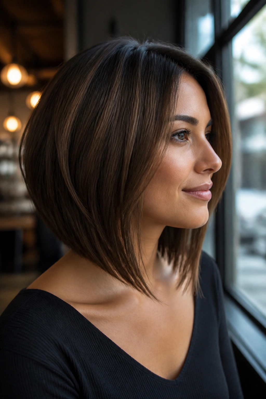 Portrait of a real person with mocha angled lob hairstyle near collarbone