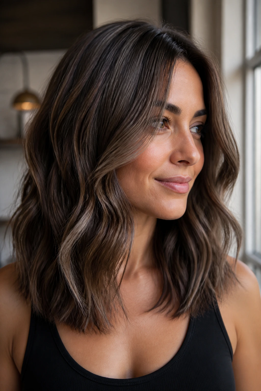 Portrait of a real woman with cool mocha and ash mix on medium brown hair