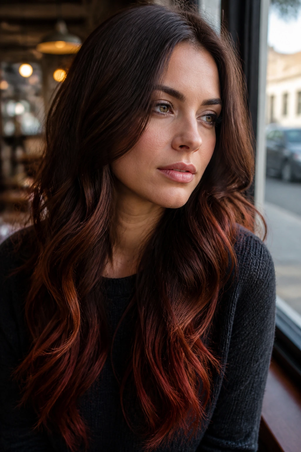 Close-up portrait of a real woman with mocha auburn ends hair in cafe daylight