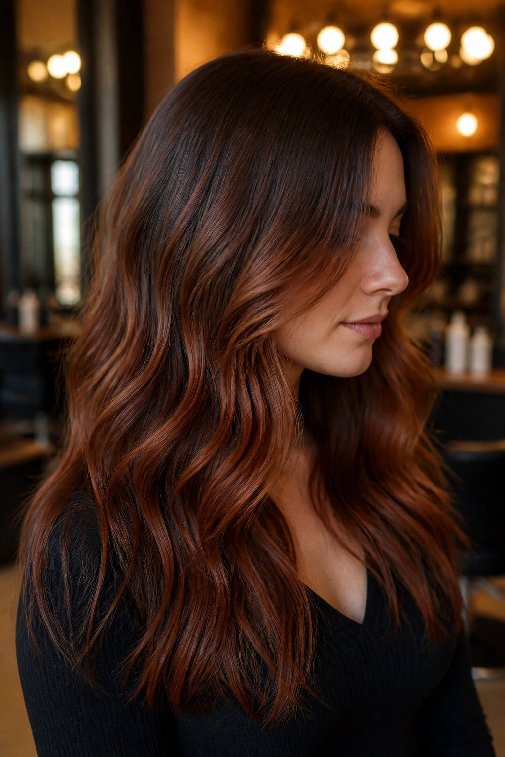 Mocha-to-Auburn melt gradient on dark brown hair
