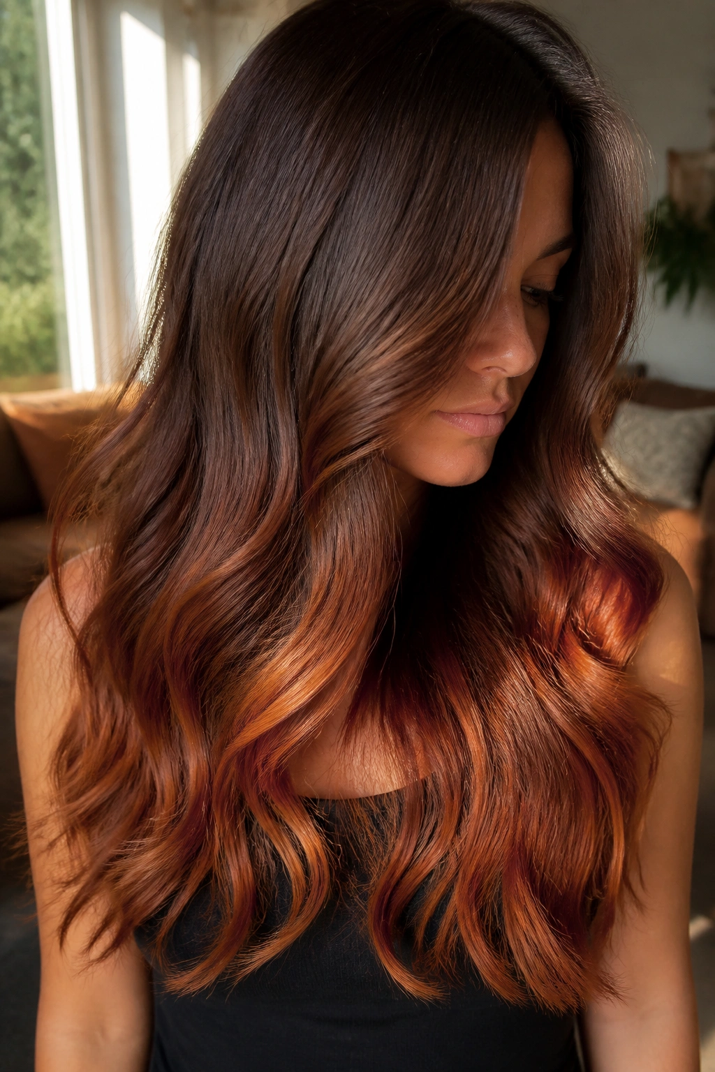 Close-up of a real woman's long mocha to auburn ombre hair in warm window light