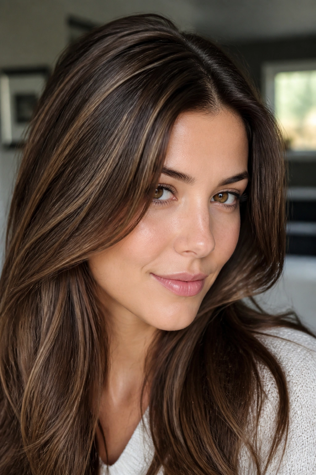Close-up portrait of brunette with mocha babylights across the crown and temple area