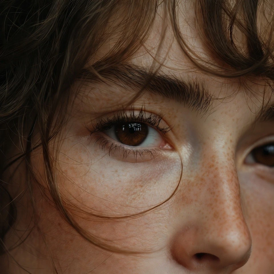 Close-up of brunette with mocha babylights on fine hair