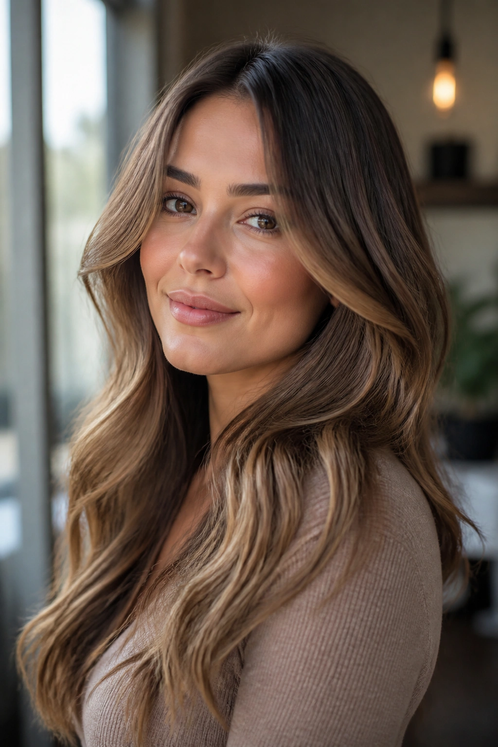 Close-up of brunette with mocha balayage and soft face-framing lighter pieces