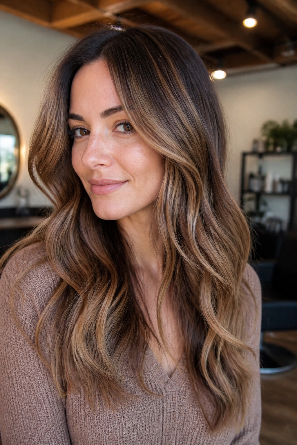 Close-up of a real woman with mocha balayage on brown hair in soft light