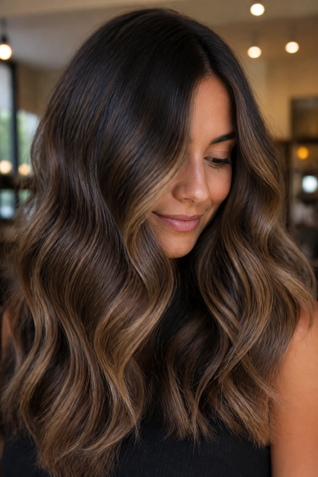 Close-up portrait of a real woman with subtle mocha melt balayage from roots to ends.