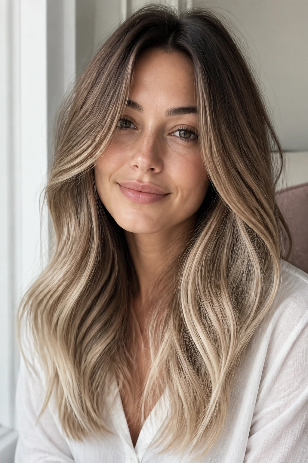 Portrait of a woman with mocha balayage and cream beige tips in natural light.