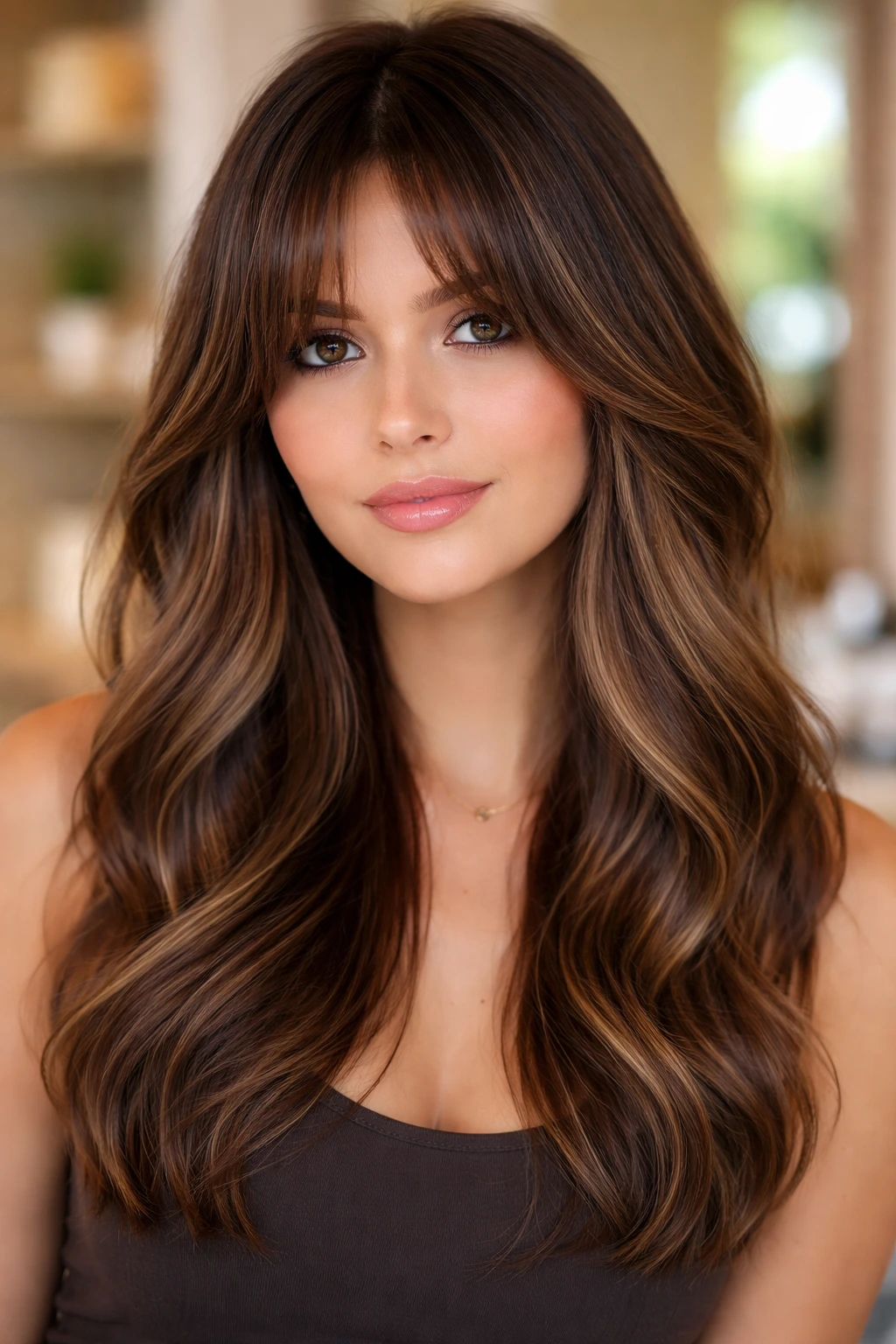 Portrait of a woman with curtain bangs and mocha balayage.