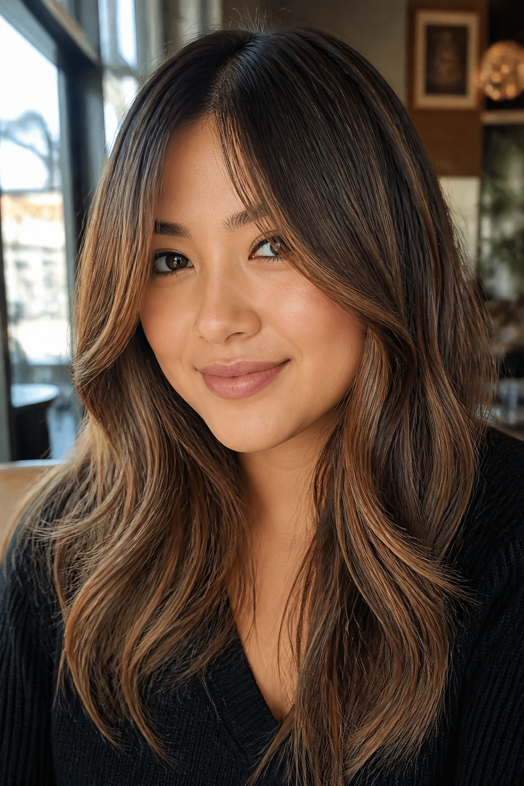 Close-up portrait of a woman with mocha balayage and curtain fringe in warm light.