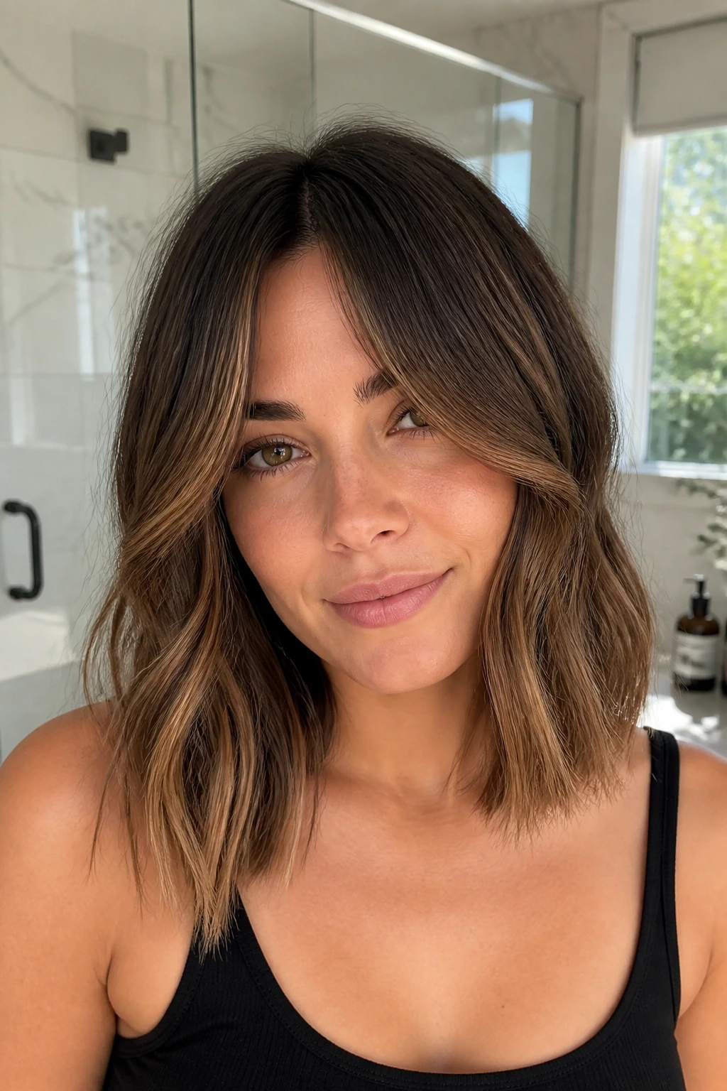Close-up portrait of a woman with mocha balayage lob and curtain bangs