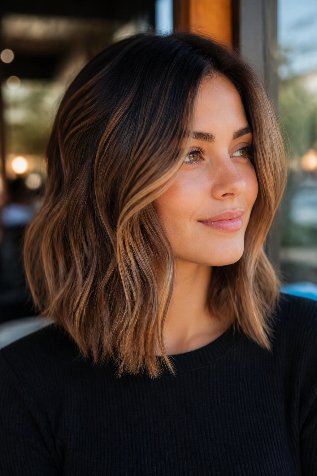 Portrait of a real woman with mocha balayage on a shoulder-length lob