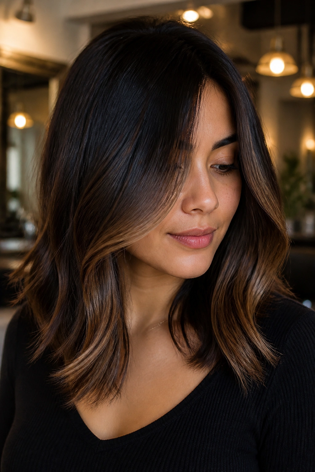 Close-up portrait of a real woman with mocha balayage starting below the cheeks