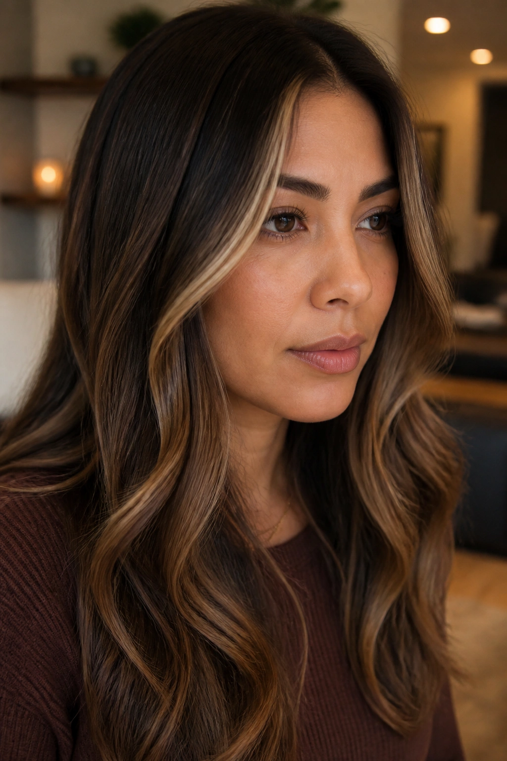Mocha balayage with face-framing ribbons on a real woman