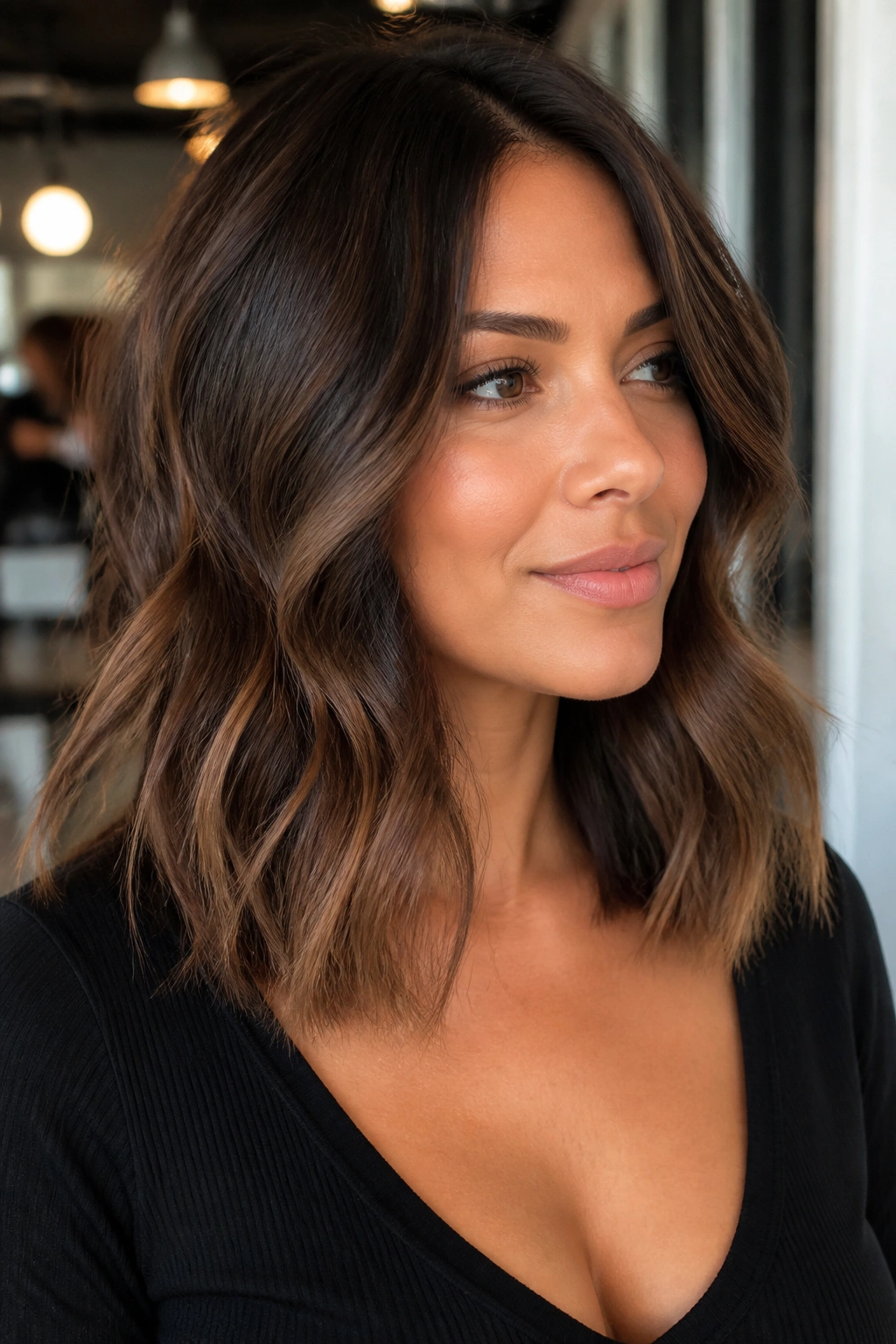 Portrait of a woman with mocha brown balayage and a shadow root.