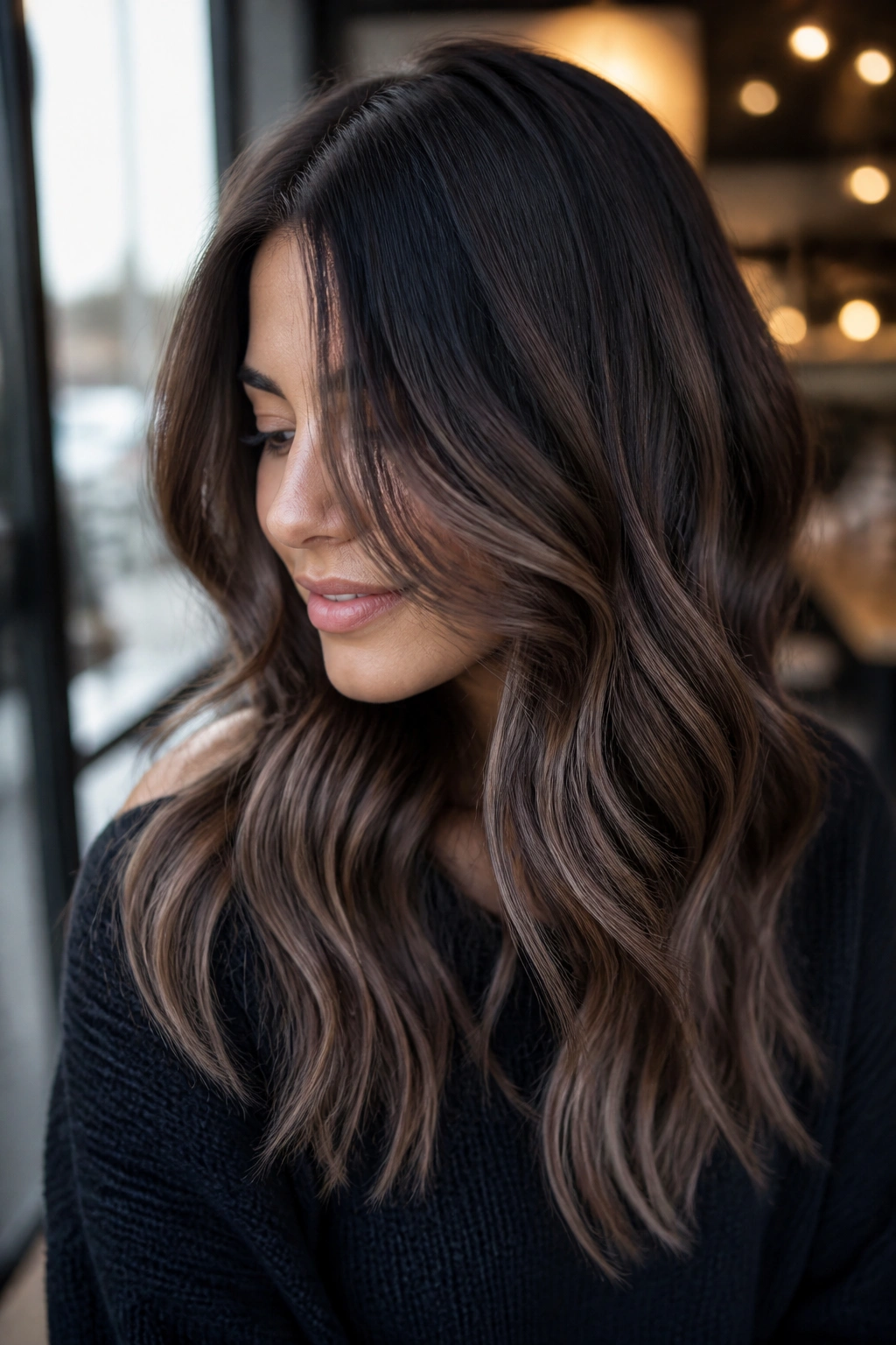 Close-up of brunette with cool mocha balayage and a shadow root