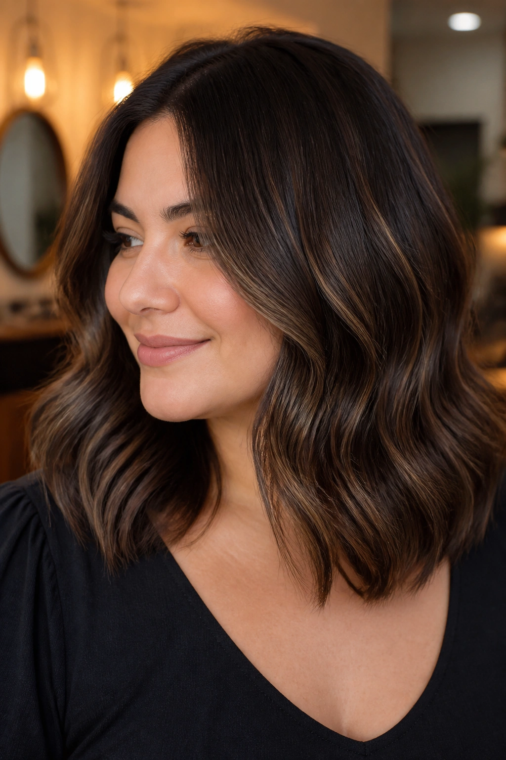Close-up of a real woman with deep mocha balayage and soft shadow root on shoulder-length hair