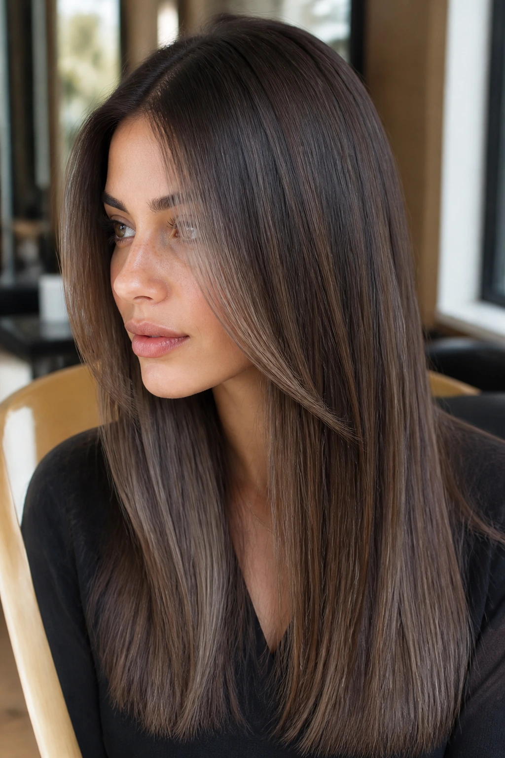 Close-up of real woman with cool mocha balayage and shadow root on straight hair